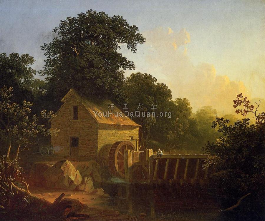 Landscape with Waterwheel and Boy Fishing - 乔治·迦勒宾·宾汉姆